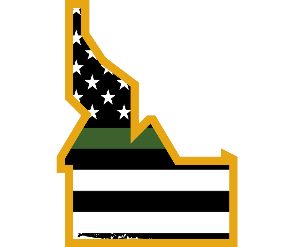 Heroes In Idaho American Flag with Green Band in shape of the state of Idaho. Homes for Heroes